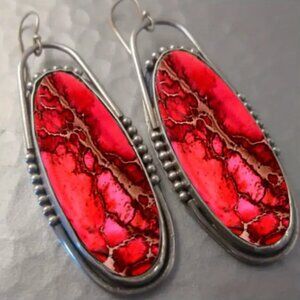 Long Silver Electro-Plated Oval Drop Earrings & Synthetic Red Turquoise Stones